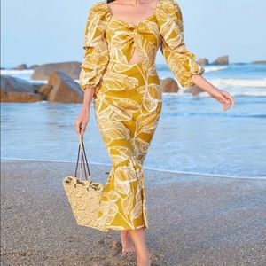 Yellow Tropical Leaf Print Maxi Dress